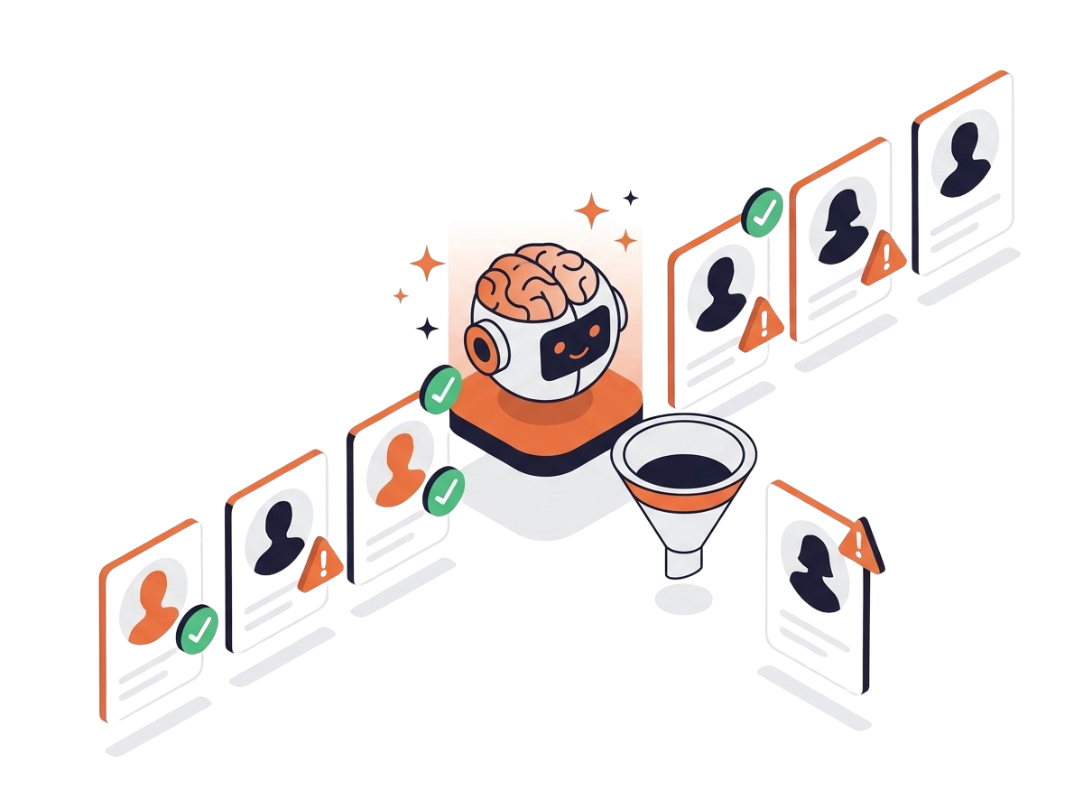 AI validation interface showing profile match scores with checkmarks on matching profiles and warning icons on mismatches