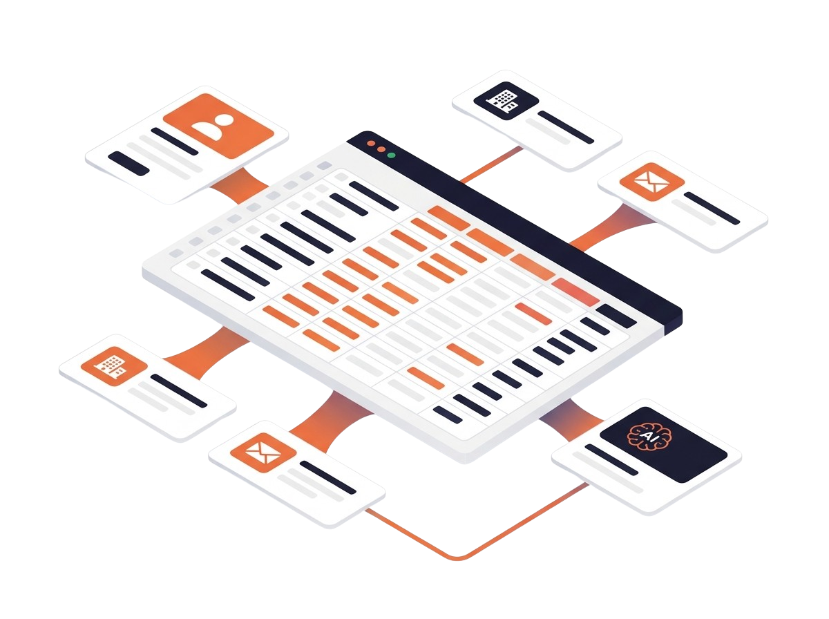 Spreadsheet preview showing sample Sales Navigator lead data with names, titles, companies, and enrichment flags