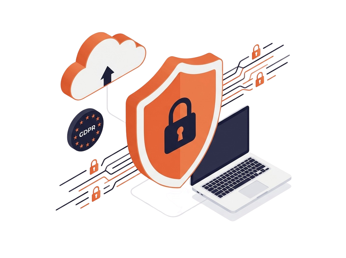 Security illustration with shield, lock icon, GDPR badge and cloud computing elements representing Vayne's safe scraping approach